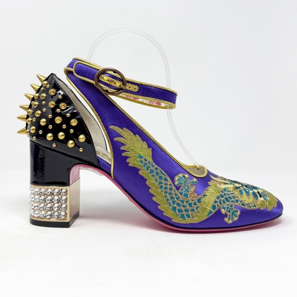 Gucci Purple Dragon Embroidered Mary Jane Heels Spiked Block Crystal 37 FW 2017 - Picture 4 of 12